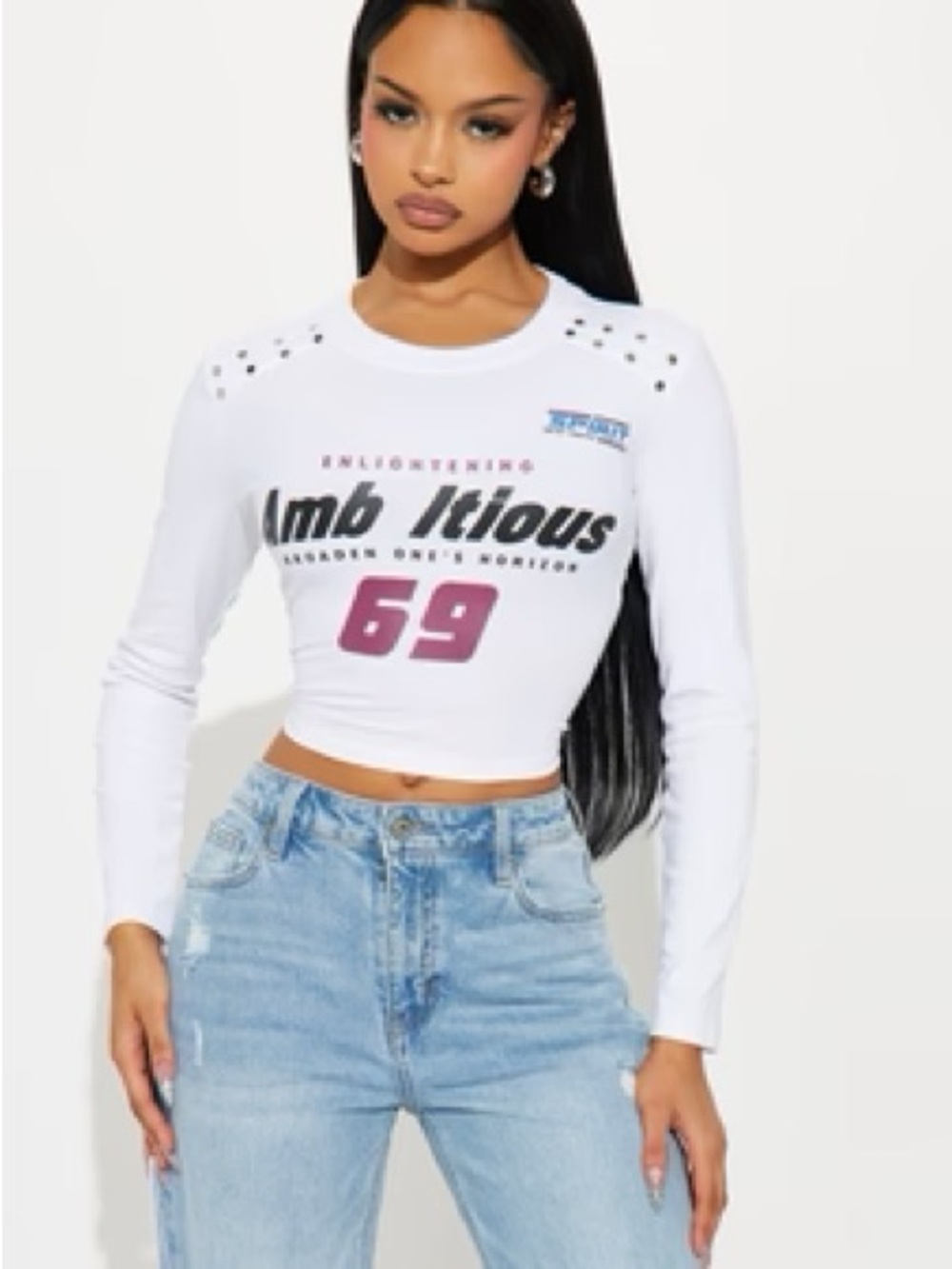 Fashion Nova White Long-Sleeve Graphic Crop Top with Pink Number